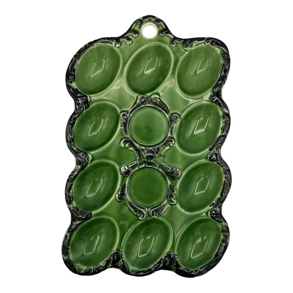 Vintage Ceramic‎ Avocado Green Deviled Egg Plate Platter Japan MCM